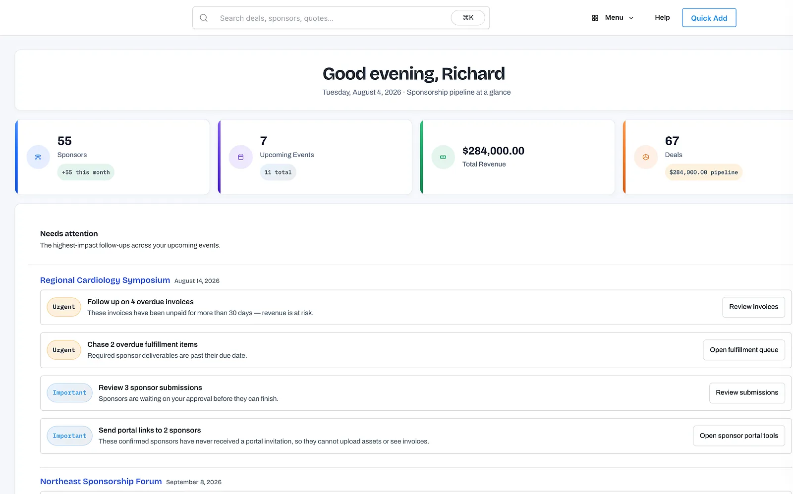 TierBook event dashboard overview showing sponsors, packages, and fulfillment status