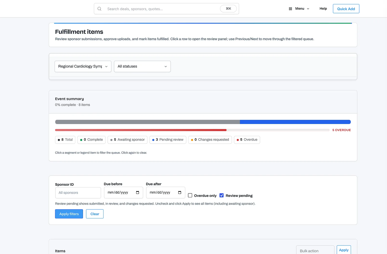 TierBook fulfillment tracker showing sponsor deliverable status