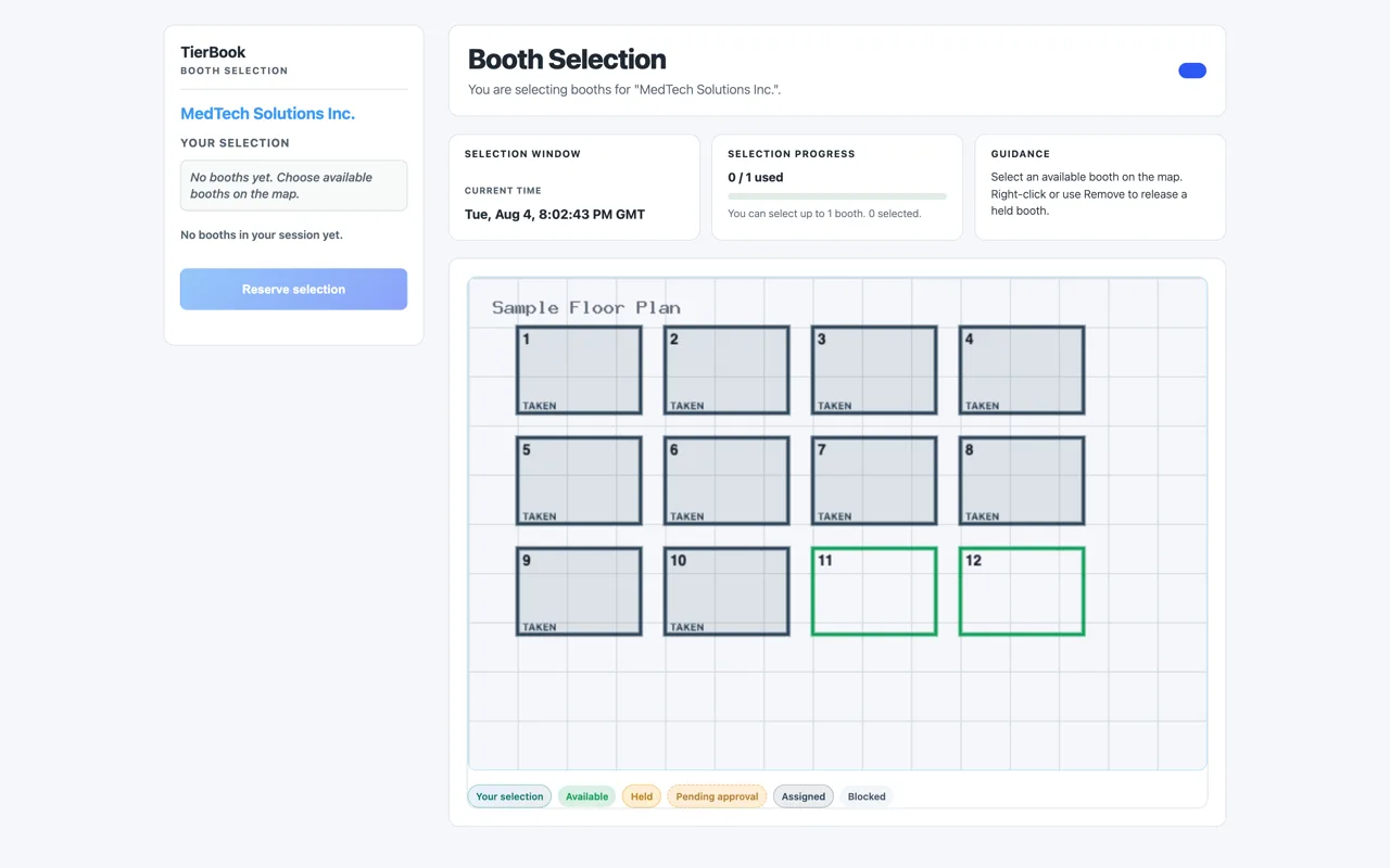TierBook interactive booth floor map with held, assigned, and blocked statuses