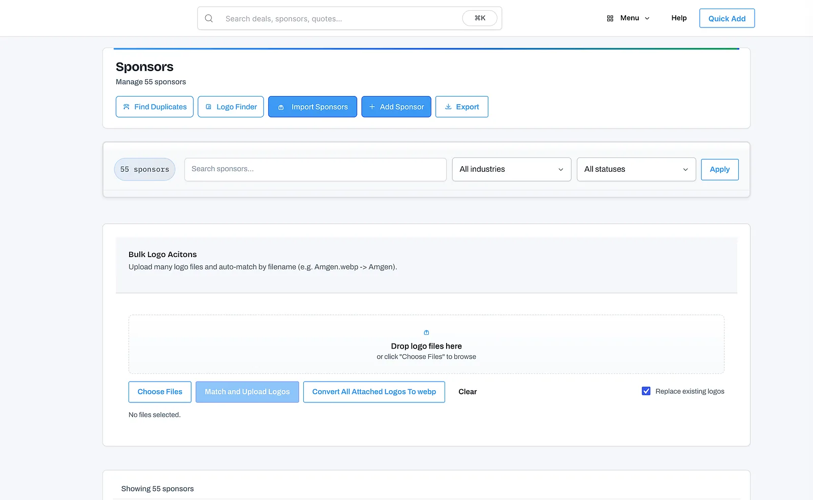 TierBook sponsor CRM showing sponsor contacts, packages, and deal status