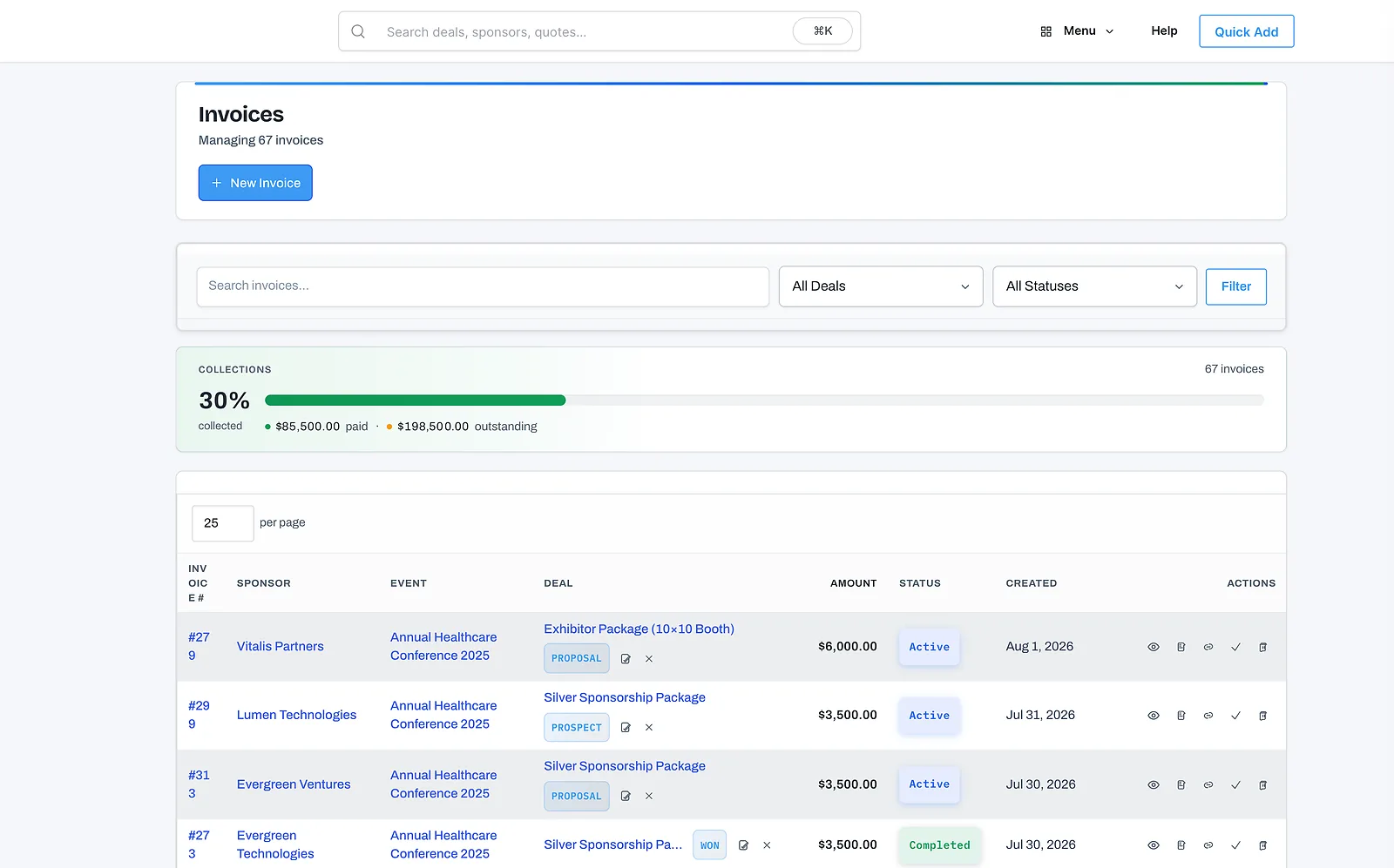TierBook sponsorship invoices and payments screen